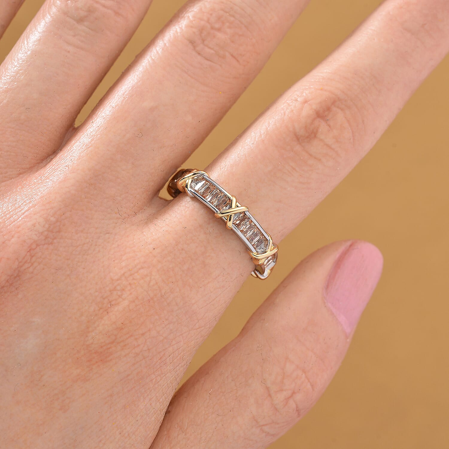 Karis Simulated Champagne Diamond XOXO Band Ring In 18K YG Plated and Platinum Bond (Size 9.0)