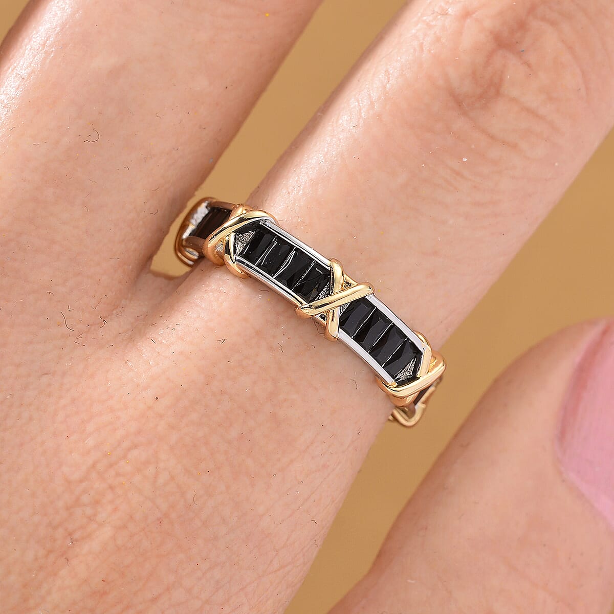 Karis Simulated Black Diamond XOXO Band Ring in 18K YG Plated and Platinum Bond (Size 10.0) image number 1