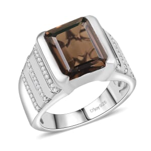 D'Joy Brazilian Smoky Quartz and White Zircon 6.65 ctw Men's Ring in Rhodium Over Sterling Silver (Size 10.0) 