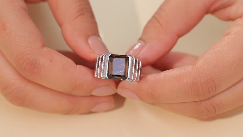 D'Joy Brazilian Smoky Quartz and White Zircon 6.65 ctw Men's Ring in Rhodium Over Sterling Silver (Size 10.0)