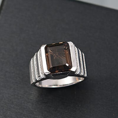 D'Joy Brazilian Smoky Quartz and White Zircon 6.65 ctw Men's Ring in Rhodium Over Sterling Silver (Size 10.0) 