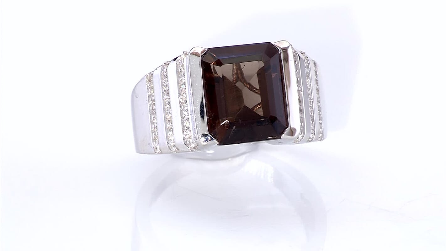 D'Joy Brazilian Smoky Quartz and White Zircon 6.65 ctw Men's Ring in Rhodium Over Sterling Silver (Size 10.0)