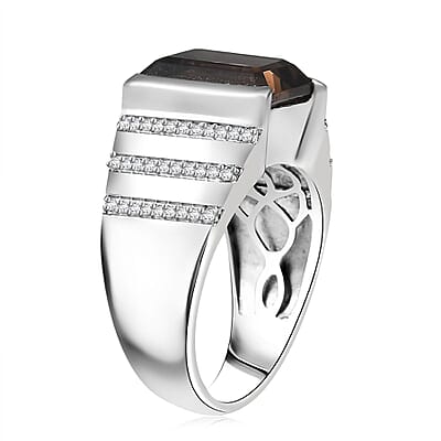 D'Joy Brazilian Smoky Quartz and White Zircon 6.65 ctw Men's Ring in Rhodium Over Sterling Silver (Size 10.0) 