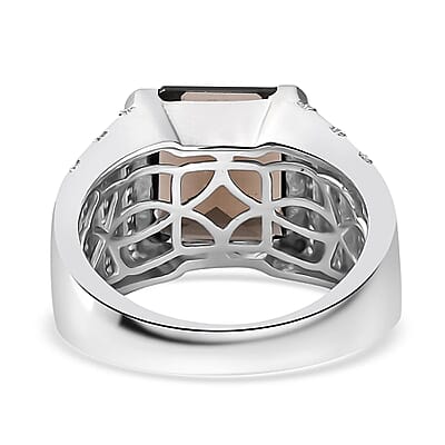 D'Joy Brazilian Smoky Quartz and White Zircon 6.65 ctw Men's Ring in Rhodium Over Sterling Silver (Size 10.0) 