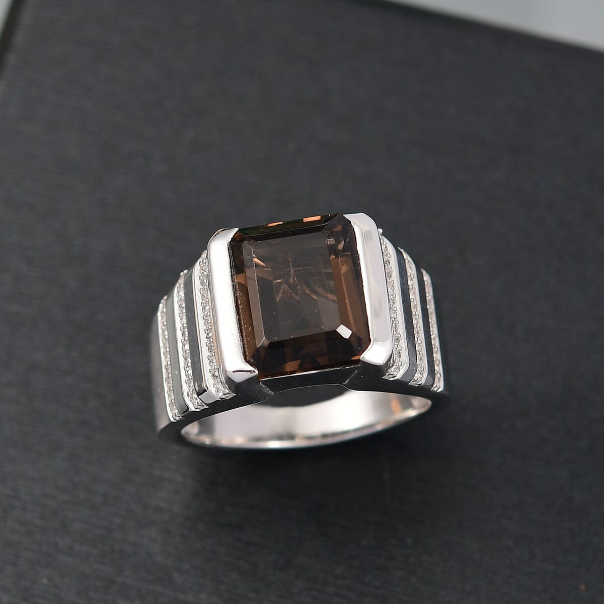 D'Joy Brazilian Smoky Quartz and White Zircon 6.65 ctw Men's Ring in Rhodium Over Sterling Silver (Size 12.0)  image number 1