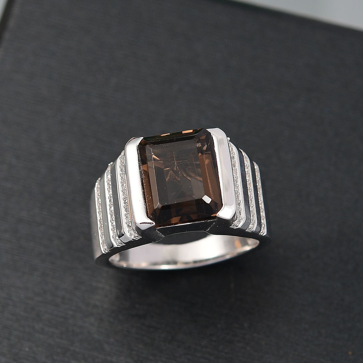 D'Joy Brazilian Smoky Quartz and White Zircon 6.65 ctw Men's Ring in Rhodium Over Sterling Silver