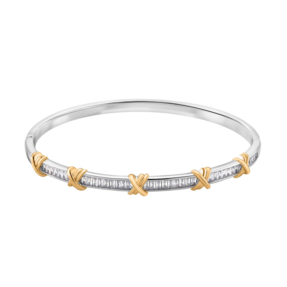 Karis Simulated Diamond XOXO Bangle Bracelet in 18K YG Plated and Platinum Bond (7.50 In) 2.80 ctw image number 0