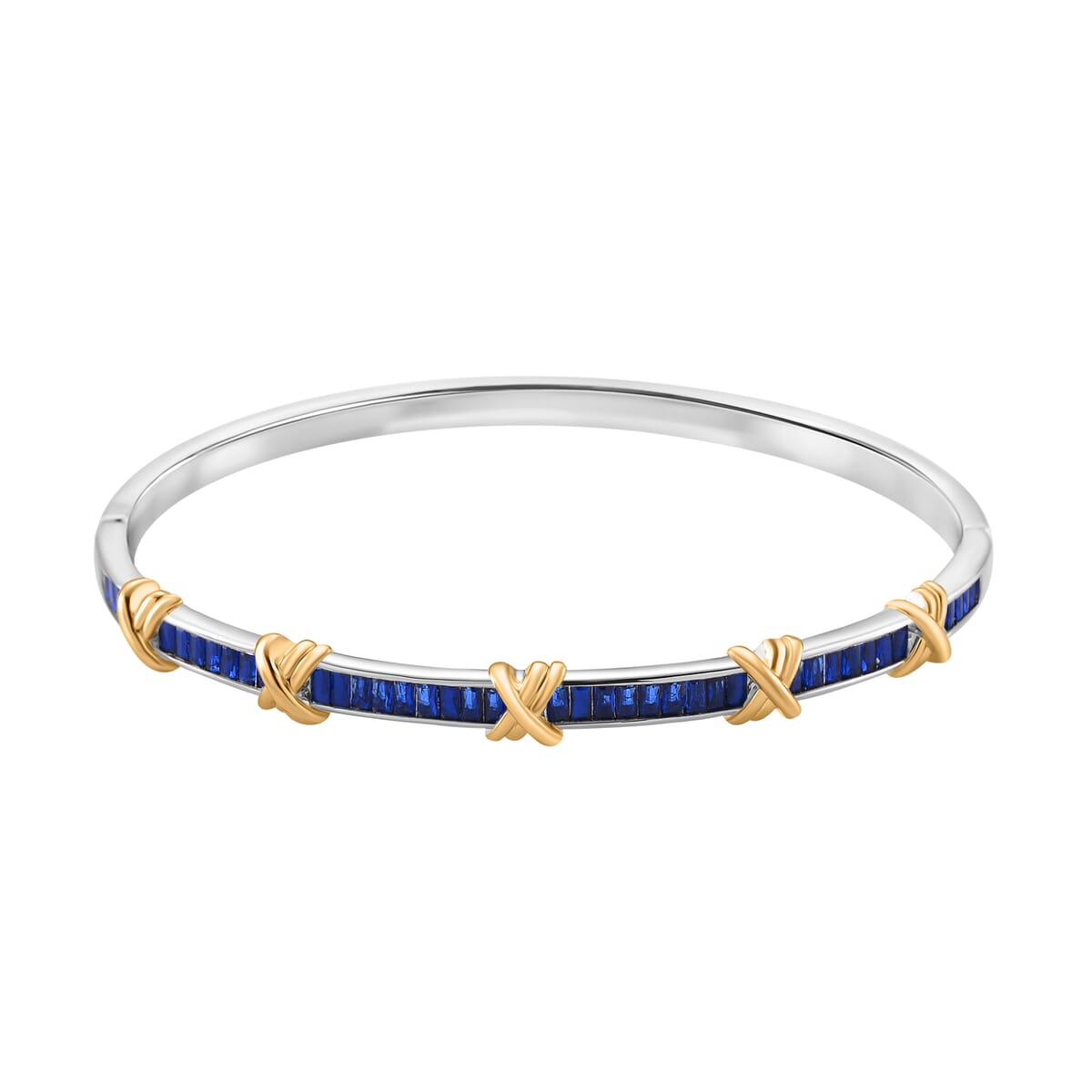 Karis Simulated Blue Diamond XOXO Bangle Bracelet in 18K YG Plated and Platinum Bond (7.50 In) image number 0