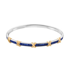 Karis Simulated Blue Diamond XOXO Bangle Bracelet in 18K YG Plated and Platinum Bond (7.50 In)
