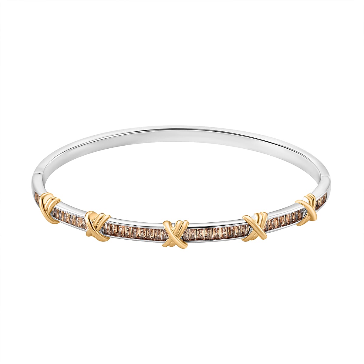 Karis Simulated Champagne Diamond XOXO Bangle Bracelet in 18K YG Plated and Platinum Bond (7.50 In) image number 0