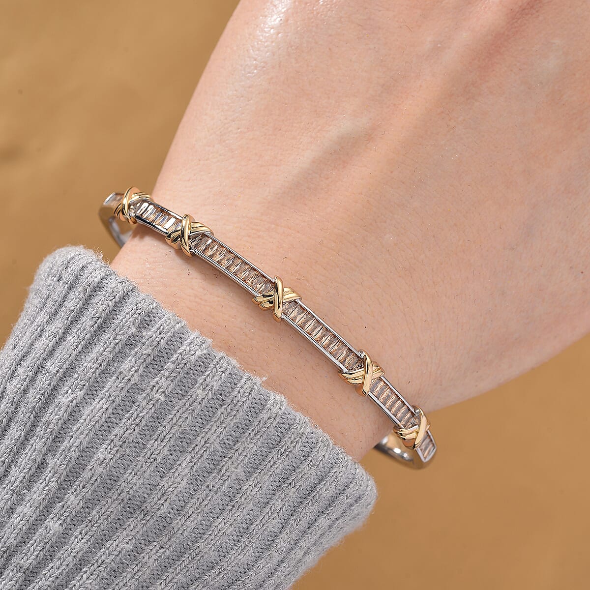 Karis Simulated Champagne Diamond XOXO Bangle Bracelet in 18K YG Plated and Platinum Bond (7.50 In) image number 1