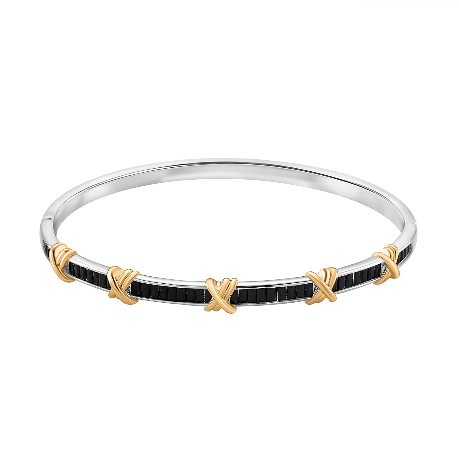 Karis Simulated Black Diamond XOXO Bangle Bracelet in 18K YG Plated and Platinum Bond (7.50 In)
