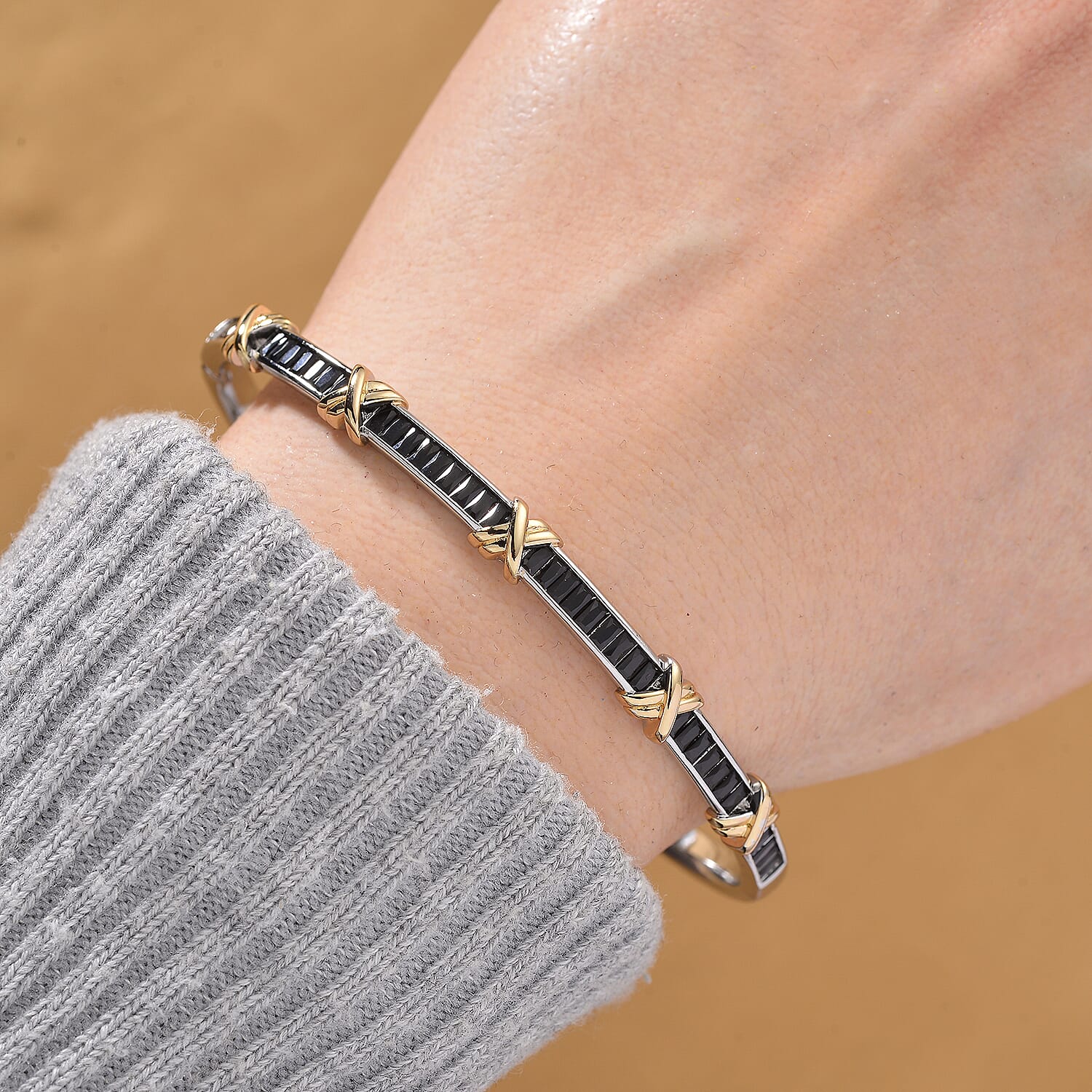 Karis Simulated Black Diamond XOXO Bangle Bracelet in 18K YG Plated and Platinum Bond (7.50 In)
