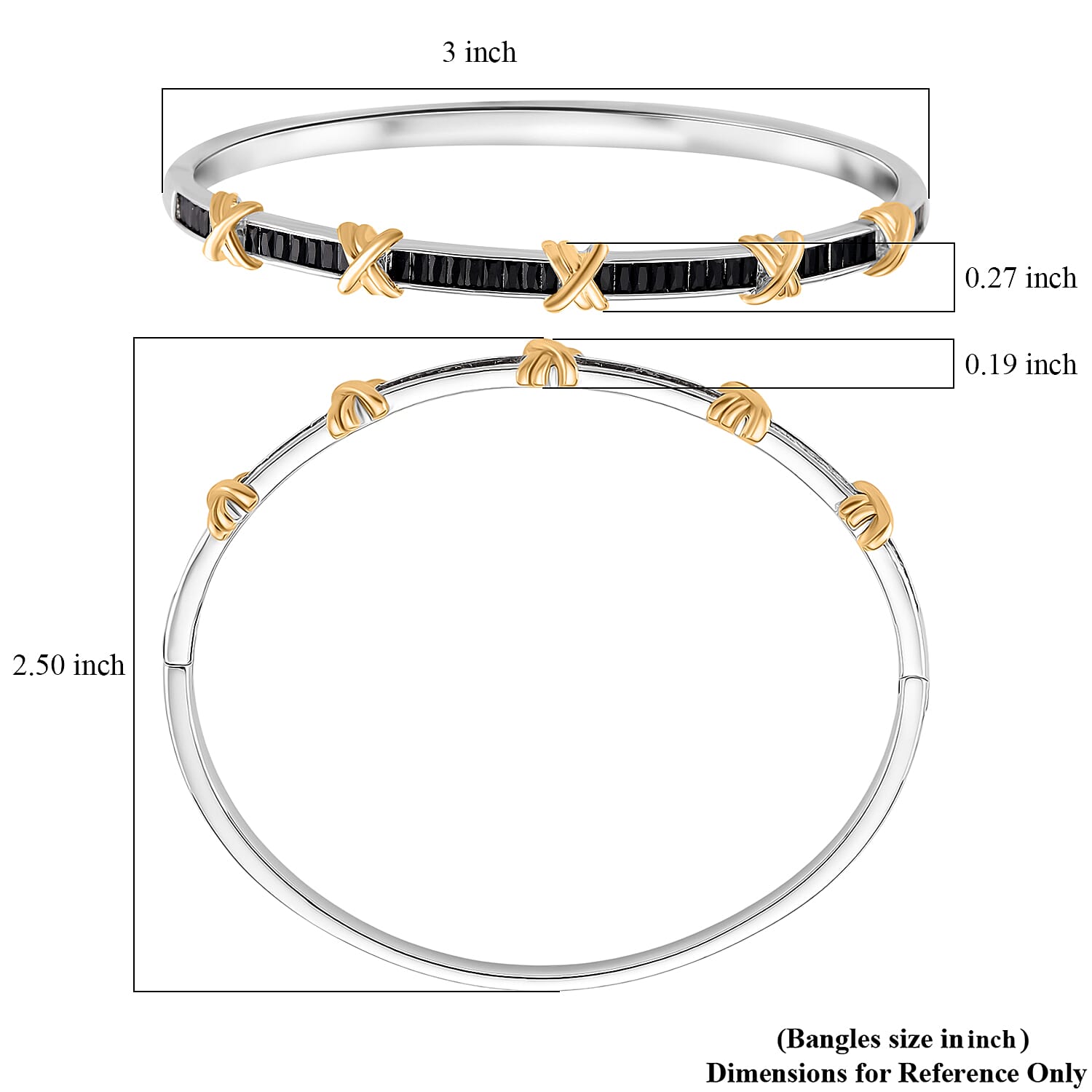 Karis Simulated Black Diamond XOXO Bangle Bracelet in 18K YG Plated and Platinum Bond (7.50 In)