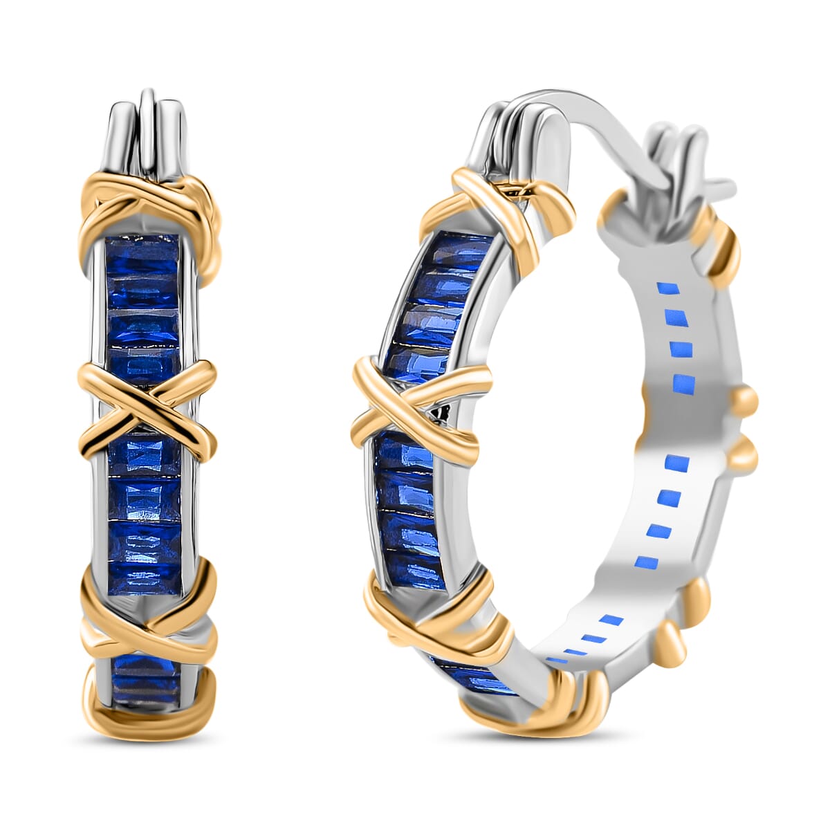 Karis Simulated Blue Diamond XOXO Hoop Earrings in 18K YG Plated and Platinum Bond image number 0
