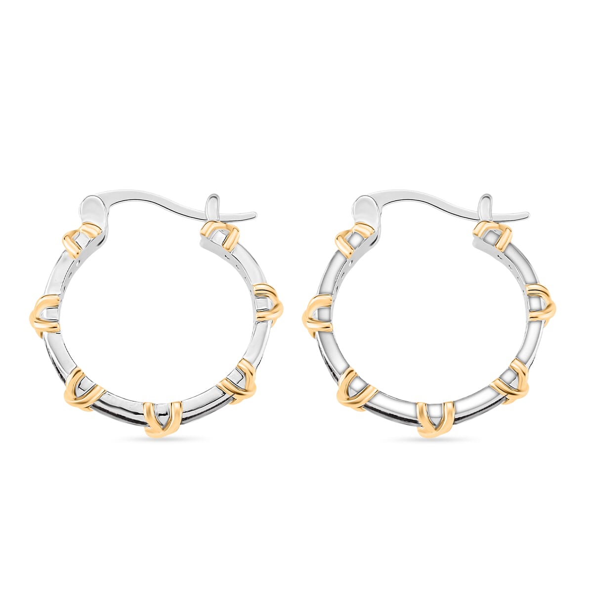 Karis Simulated Blue Diamond XOXO Hoop Earrings in 18K YG Plated and Platinum Bond image number 3