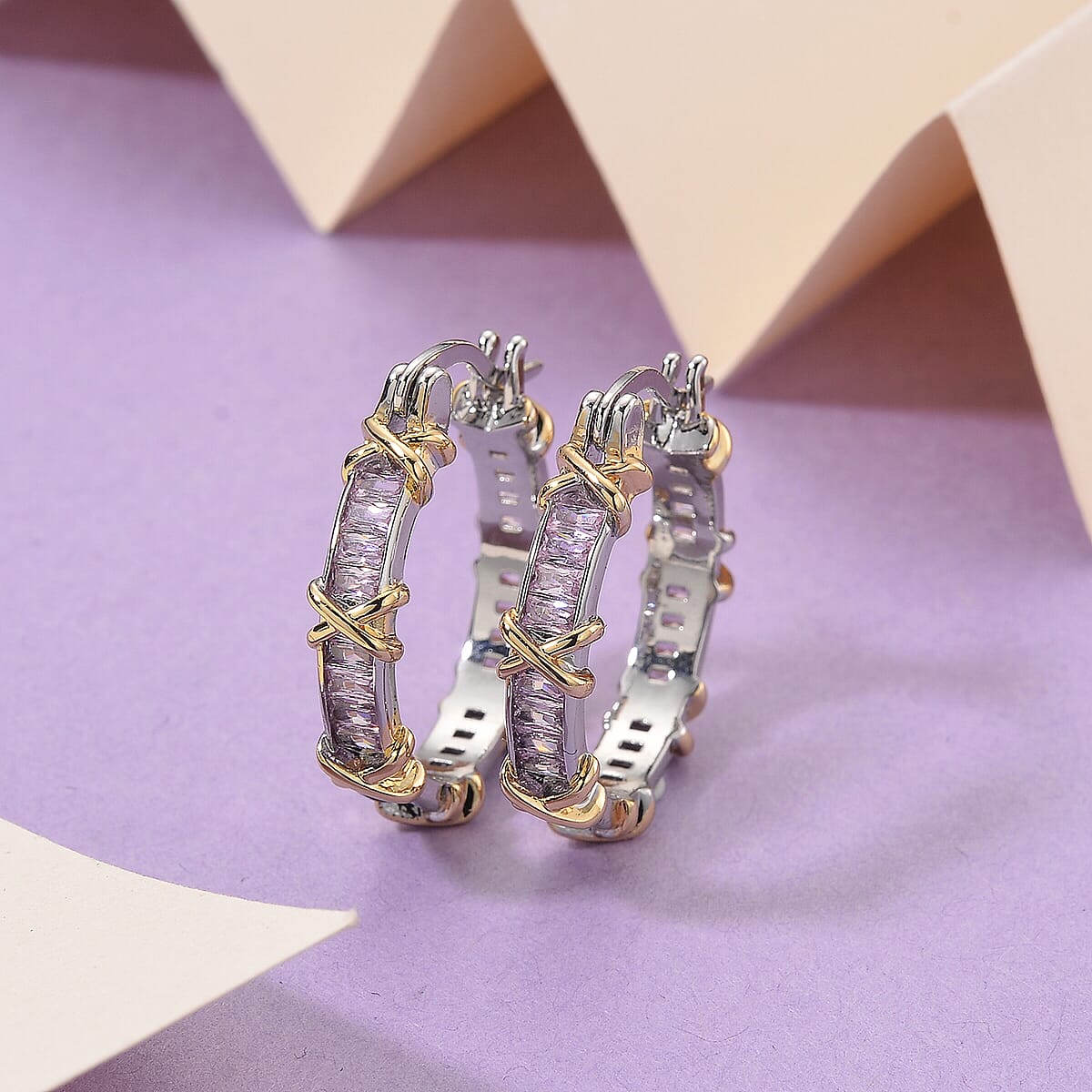 Karis Simulated Pink Diamond XOXO Hoop Earrings In 18K YG Plated and Platinum Bond image number 1