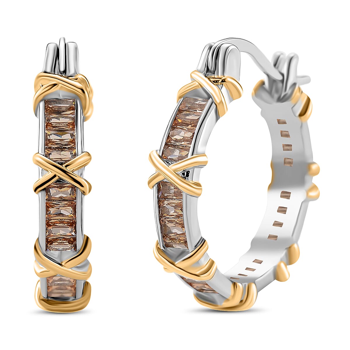 Karis Simulated Champagne Diamond XOXO Hoop Earrings in 18K YG Plated and Platinum Bond image number 0