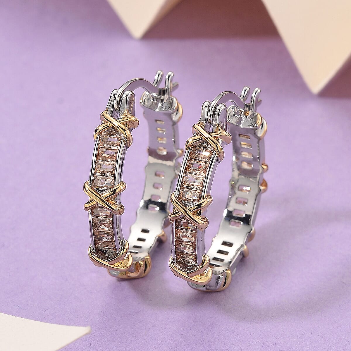 Karis Simulated Champagne Diamond XOXO Hoop Earrings in 18K YG Plated and Platinum Bond image number 1