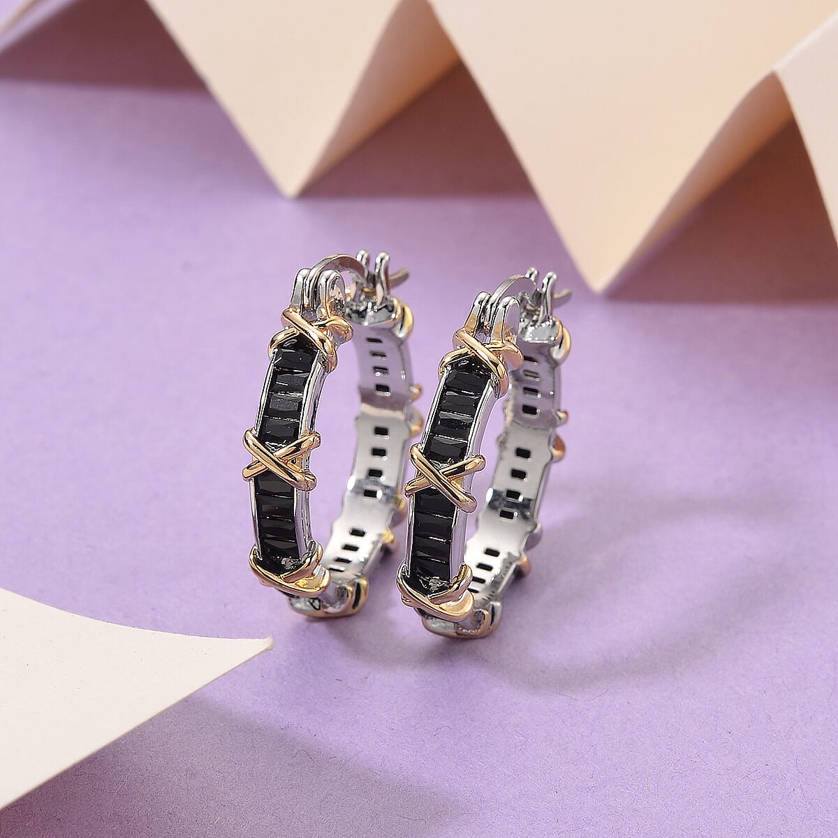 Karis Simulated Black Diamond XOXO Hoop Earrings in 18K YG Plated and Platinum Bond image number 1
