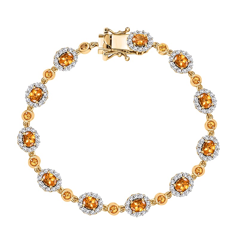 D'Joy Tanzanian Mandarin Garnet and White Zircon 8.65 ctw Flame Petals Bracelet in 18K Vermeil Yellow Gold Over Sterling Silver (7.25 In)