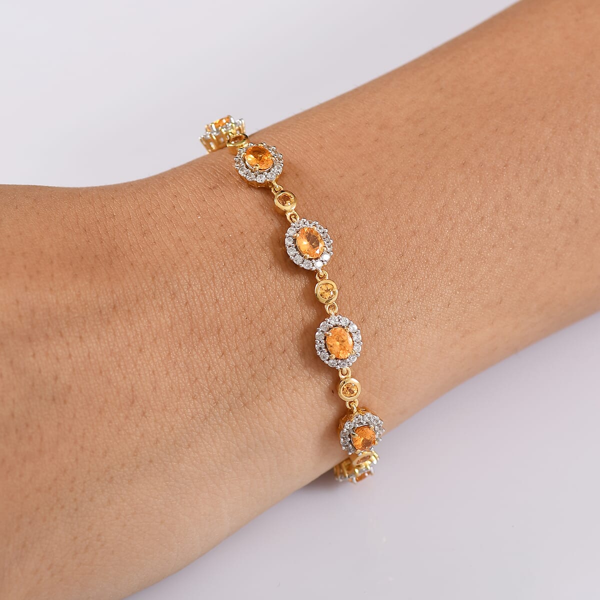 D'Joy Tanzanian Mandarin Garnet and White Zircon 8.65 ctw Flame Petals Bracelet in 18K Vermeil Yellow Gold Over Sterling Silver (7.25 In) image number 2