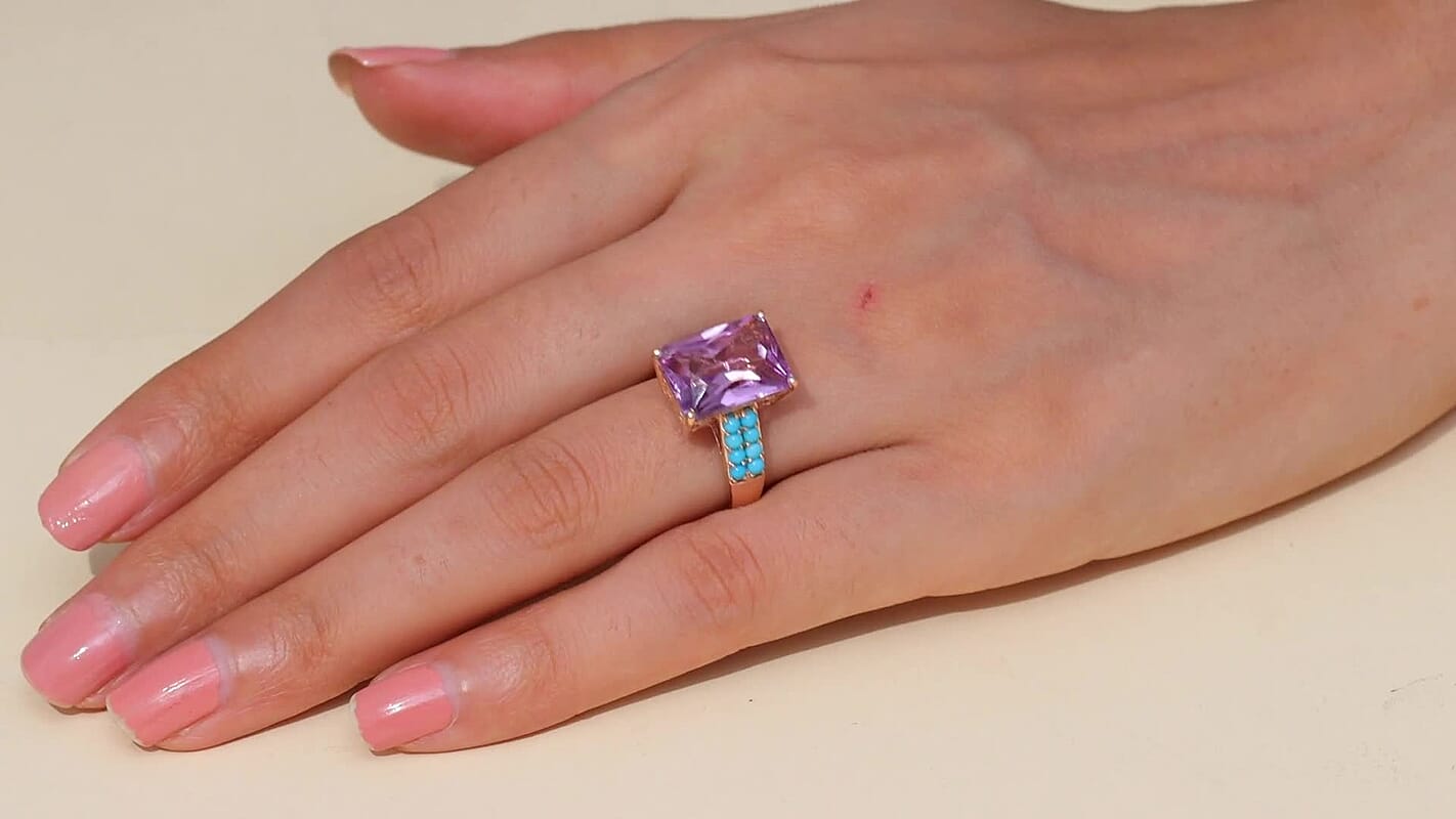 D'Joy AAA Rose De France Amethyst, Sleeping Beauty Turquoise Amour du Ciel Ring in 18K Vermeil RG Over Sterling Silver (Size 10.0) 7.80 ctw