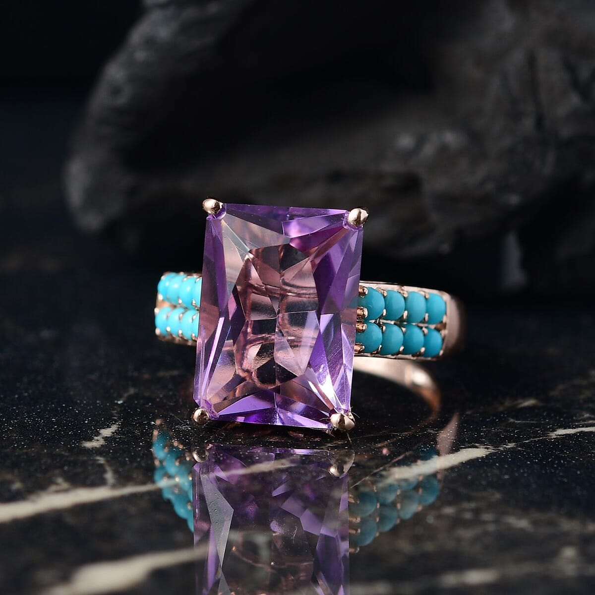 D'Joy AAA Rose De France Amethyst and Sleeping Beauty Turquoise 7.80 ctw Amour du Ciel Ring in 18K Vermeil Rose Gold Over Sterling Silver (Size 10.0) image number 1