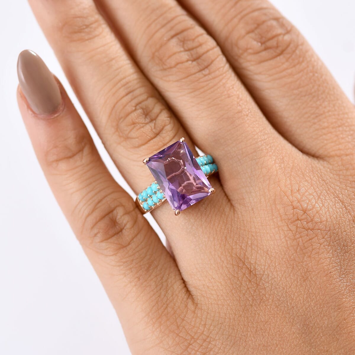 D'Joy AAA Rose De France Amethyst and Sleeping Beauty Turquoise 7.80 ctw Amour du Ciel Ring in 18K Vermeil Rose Gold Over Sterling Silver (Size 10.0) image number 2