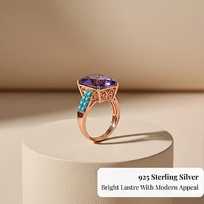 D'Joy AAA Rose De France Amethyst and Sleeping Beauty Turquoise 7.80 ctw Amour du Ciel Ring in 18K Vermeil Rose Gold Over Sterling Silver (Size 10.0)