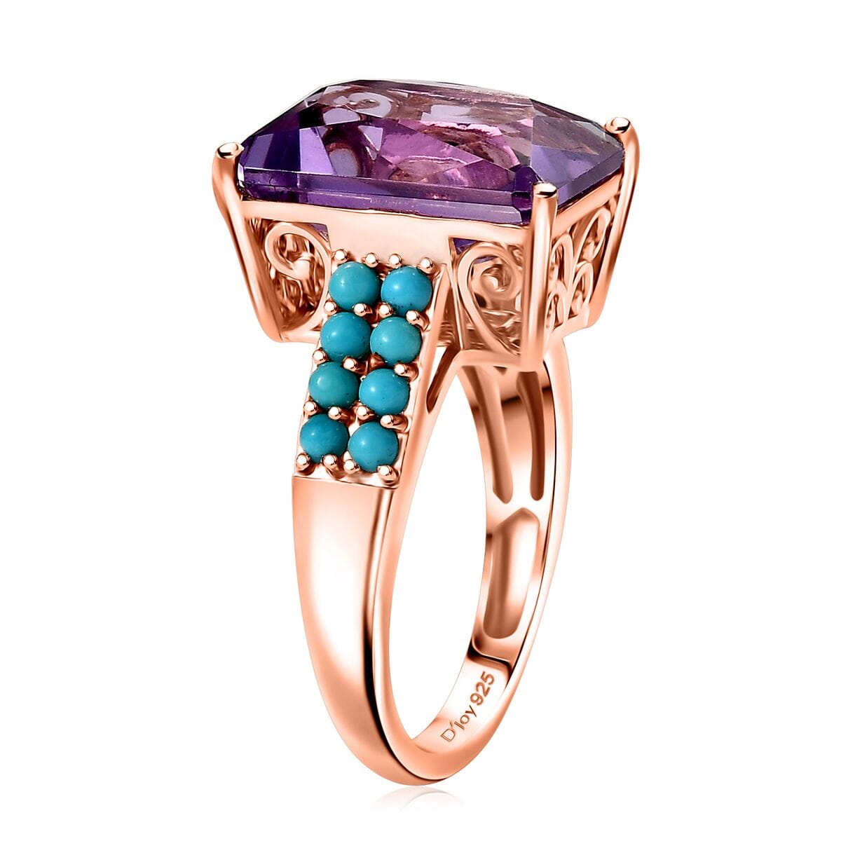 D'Joy AAA Rose De France Amethyst and Sleeping Beauty Turquoise 7.80 ctw Amour du Ciel Ring in 18K Vermeil Rose Gold Over Sterling Silver (Size 10.0) image number 3