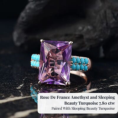 D'Joy AAA Rose De France Amethyst and Sleeping Beauty Turquoise 7.80 ctw Amour du Ciel Ring in 18K Vermeil Rose Gold Over Sterling Silver (Size 10.0)