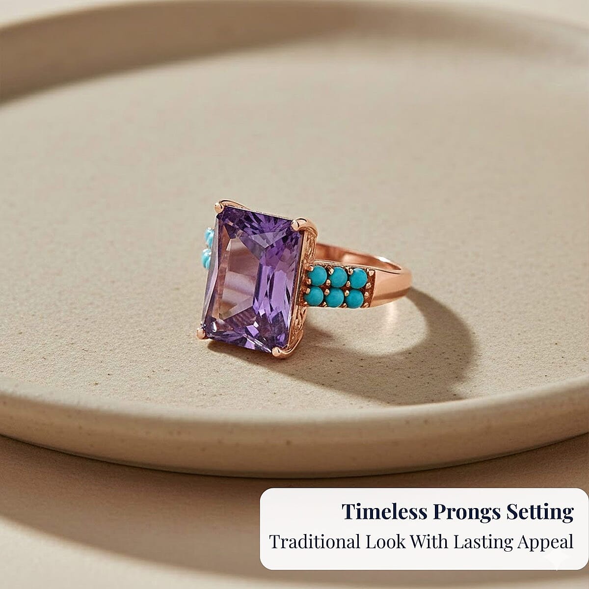 D'Joy AAA Rose De France Amethyst and Sleeping Beauty Turquoise 7.80 ctw Amour du Ciel Ring in 18K Vermeil Rose Gold Over Sterling Silver (Size 11.0) image number 4