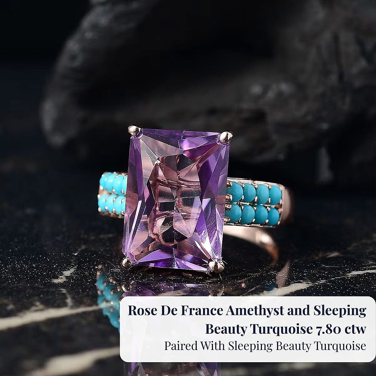 D'Joy AAA Rose De France Amethyst and Sleeping Beauty Turquoise 7.80 ctw Amour du Ciel Ring in 18K Vermeil Rose Gold Over Sterling Silver (Size 11.0) image number 5