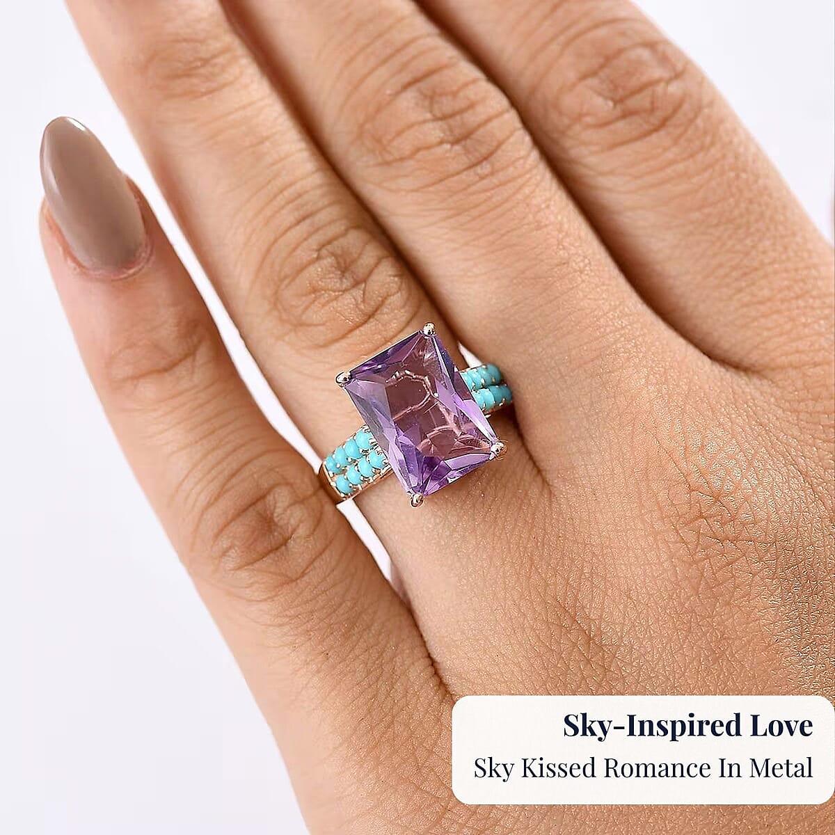 D'Joy AAA Rose De France Amethyst and Sleeping Beauty Turquoise 7.80 ctw Amour du Ciel Ring in 18K Vermeil Rose Gold Over Sterling Silver (Size 8.0) image number 1