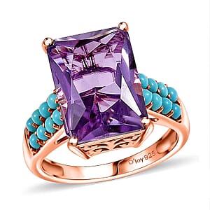 D'Joy AAA Rose De France Amethyst and Sleeping Beauty Turquoise 7.80 ctw Amour du Ciel Ring in 18K Vermeil Rose Gold Over Sterling Silver (Size 9.0)
