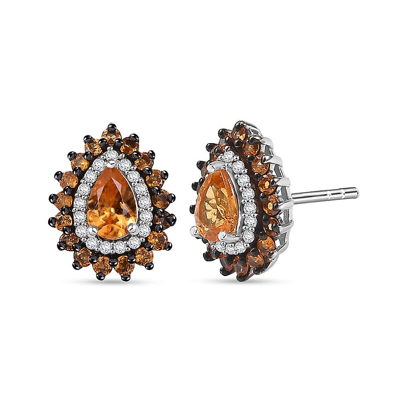 D'Joy Tanzanian Mandarin Garnet and Moissanite 2.10 ctw Fire Drop Stud Earrings in Rhodium Over Sterling Silver 
