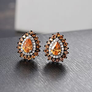 D'Joy Tanzanian Mandarin Garnet and Moissanite 2.10 ctw Fire Drop Stud Earrings in Rhodium Over Sterling Silver 
