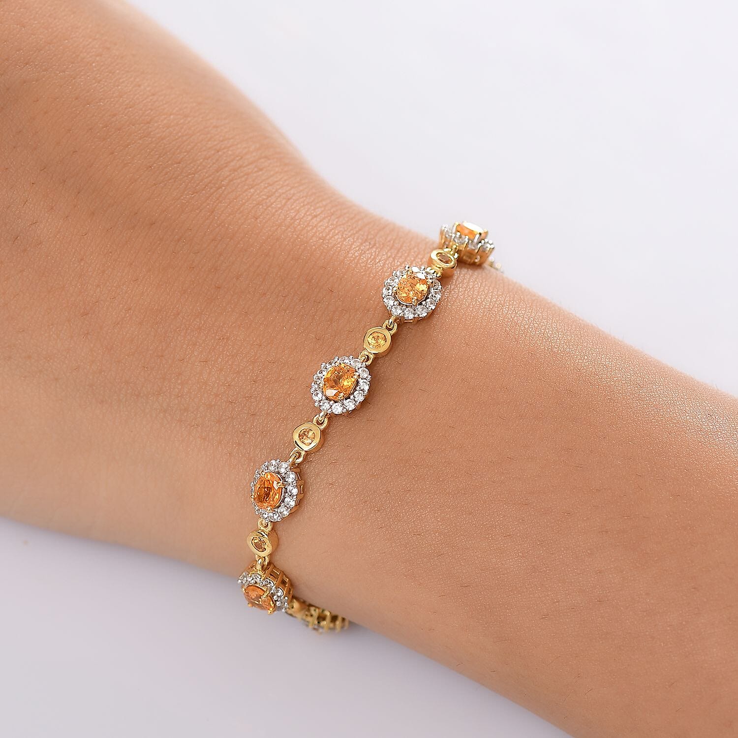 D'Joy Tanzanian Mandarin Garnet and White Zircon 8.50 ctw Flame Petals Bracelet in 18K Vermeil Yellow Gold Over Sterling Silver (6.50 In)
