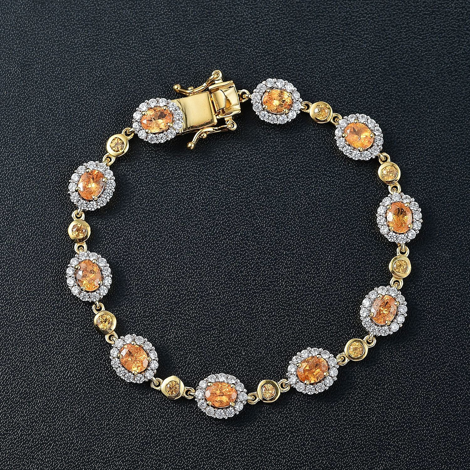 D'Joy Tanzanian Mandarin Garnet and White Zircon 9.40 ctw Flame Petals Bracelet in 18K Vermeil Yellow Gold Over Sterling Silver (8.00 In)