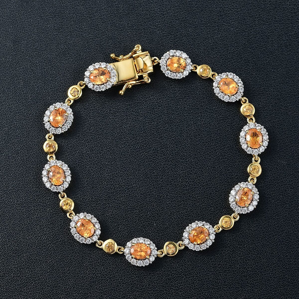 D'Joy Tanzanian Mandarin Garnet and White Zircon 9.40 ctw Flame Petals Bracelet in 18K Vermeil Yellow Gold Over Sterling Silver (8.00 In) image number 1