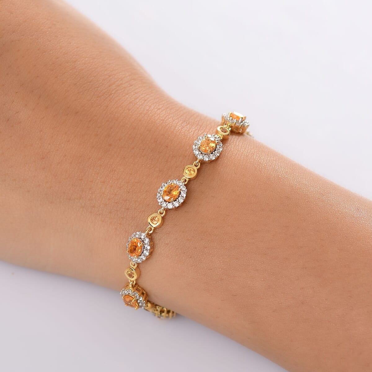 D'Joy Tanzanian Mandarin Garnet and White Zircon 9.40 ctw Flame Petals Bracelet in 18K Vermeil Yellow Gold Over Sterling Silver (8.00 In) image number 2