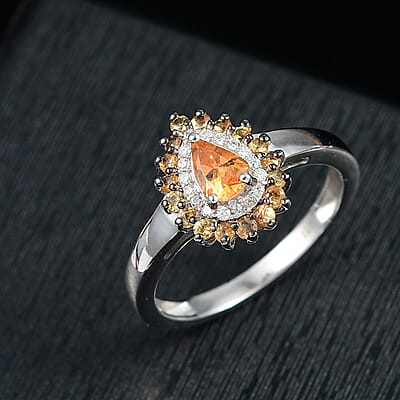 D'Joy Tanzanian Mandarin Garnet and Moissanite 1.10 ctw Fire Drop Ring in Rhodium Over Sterling Silver (Size 10.0)