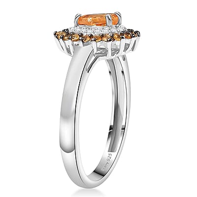 D'Joy Tanzanian Mandarin Garnet and Moissanite 1.10 ctw Fire Drop Ring in Rhodium Over Sterling Silver (Size 10.0)