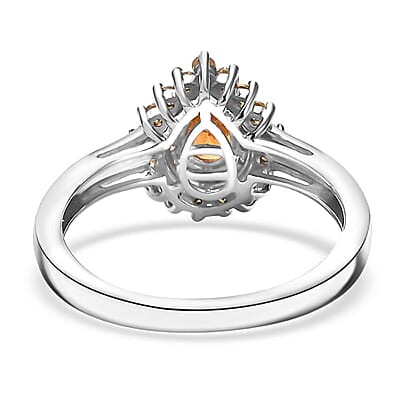 D'Joy Tanzanian Mandarin Garnet and Moissanite 1.10 ctw Fire Drop Ring in Rhodium Over Sterling Silver (Size 10.0)