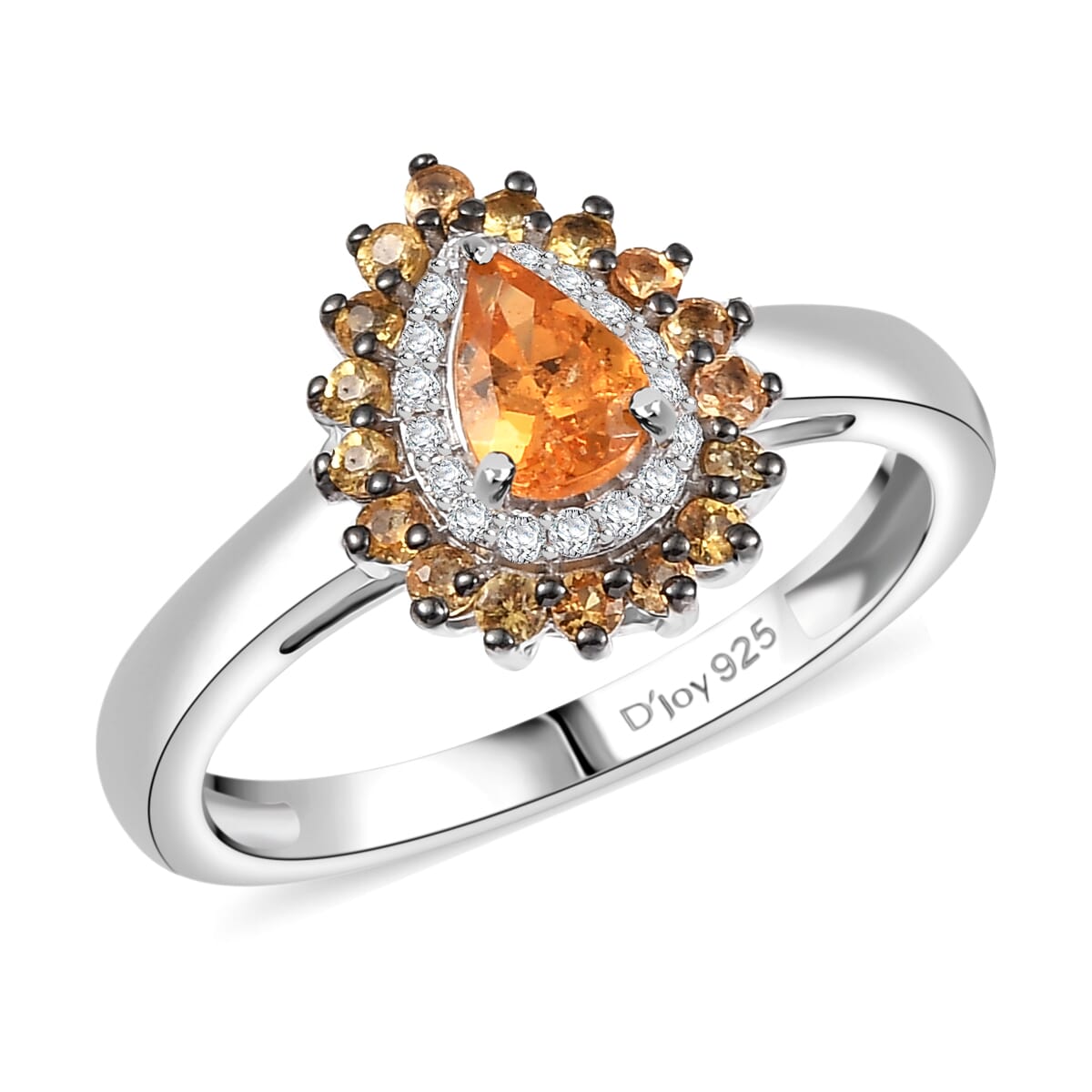 D'Joy Tanzanian Mandarin Garnet and Moissanite 1.10 ctw Fire Drop Ring in Rhodium Over Sterling Silver (Size 7.0) image number 0