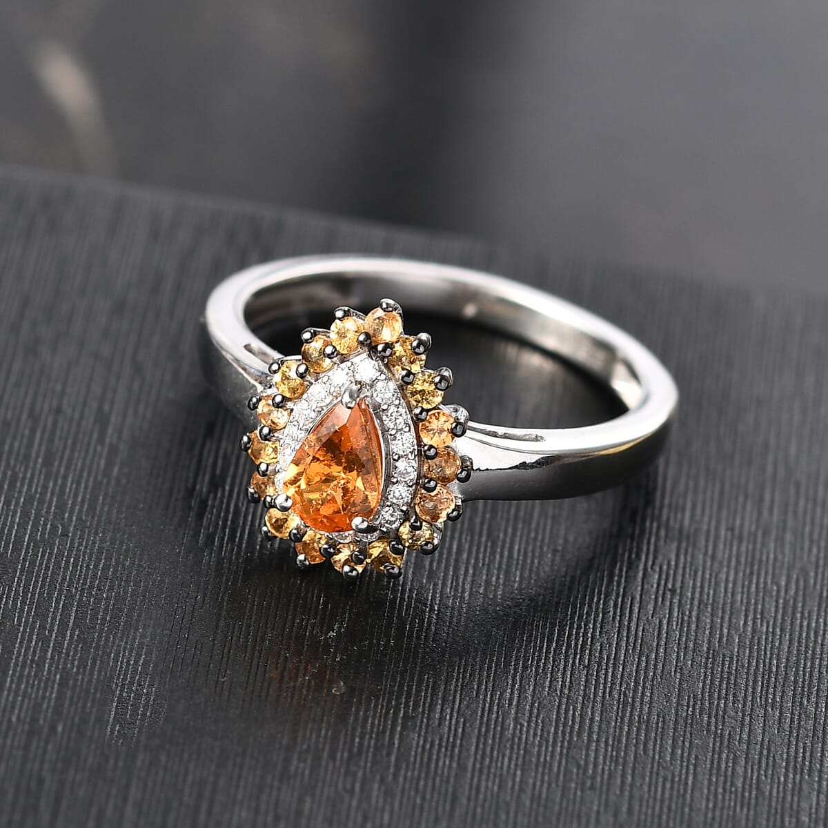 D'Joy Tanzanian Mandarin Garnet and Moissanite 1.10 ctw Fire Drop Ring in Rhodium Over Sterling Silver (Size 7.0) image number 1