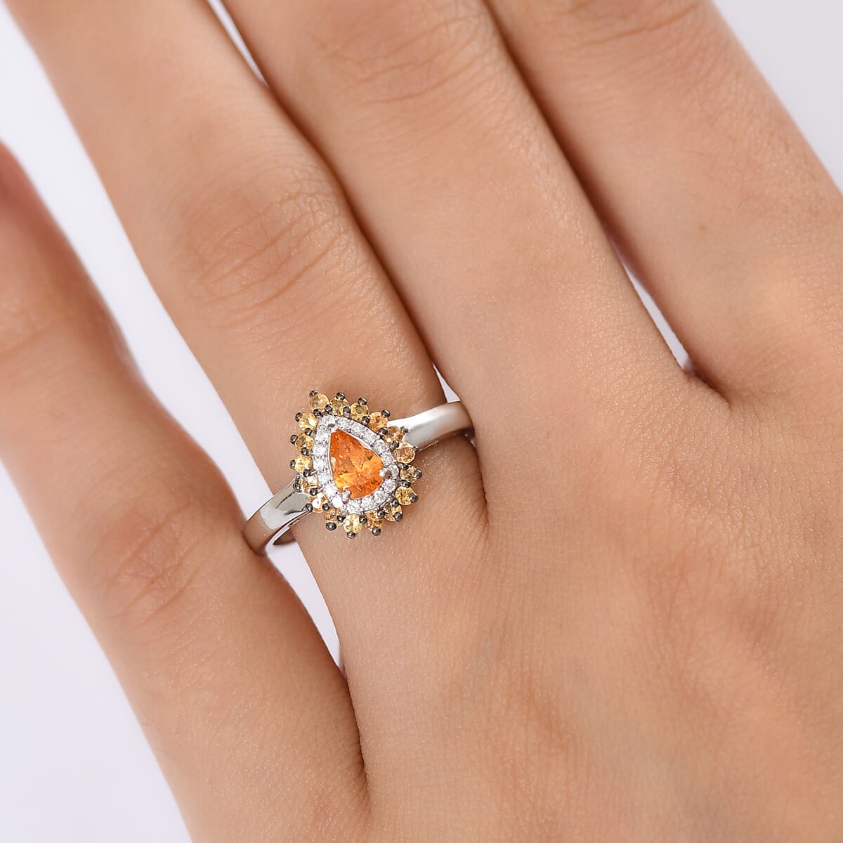 D'Joy Tanzanian Mandarin Garnet and Moissanite 1.10 ctw Fire Drop Ring in Rhodium Over Sterling Silver (Size 7.0) image number 2