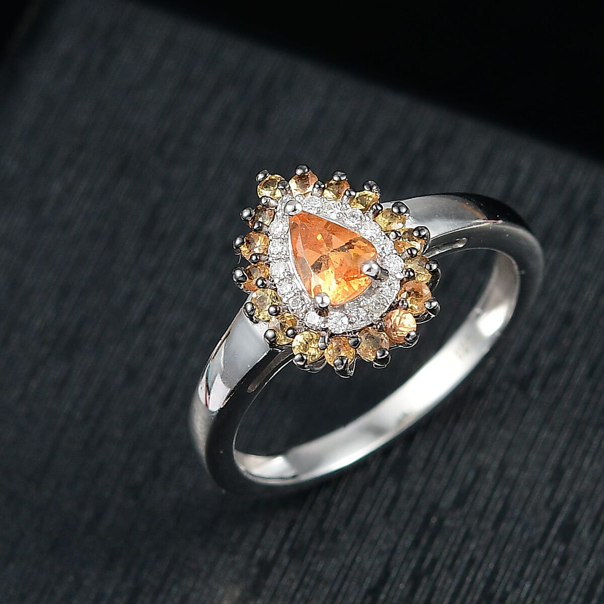 D'Joy Tanzanian Mandarin Garnet and Moissanite 1.10 ctw Fire Drop Ring in Rhodium Over Sterling Silver (Size 9.0) image number 1