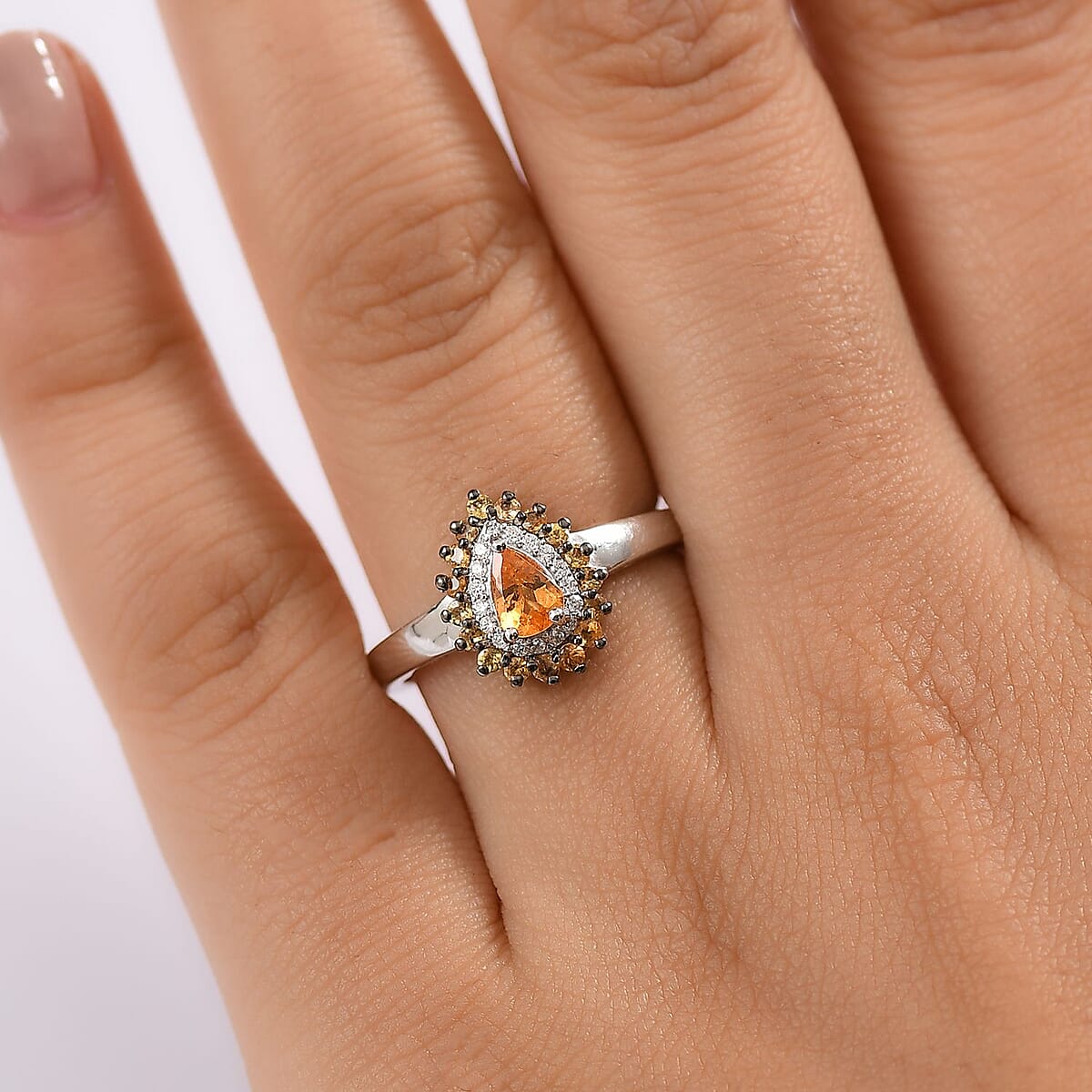 D'Joy Tanzanian Mandarin Garnet and Moissanite 1.10 ctw Fire Drop Ring in Rhodium Over Sterling Silver (Size 9.0) image number 2